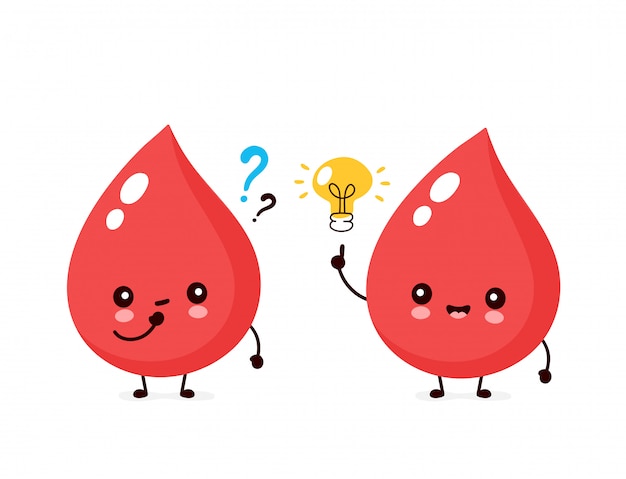 Cute happy smiling blood drops with question mark and lightbulb
