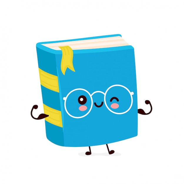 Vector cute happy smiling book show muscle. cartoon character.