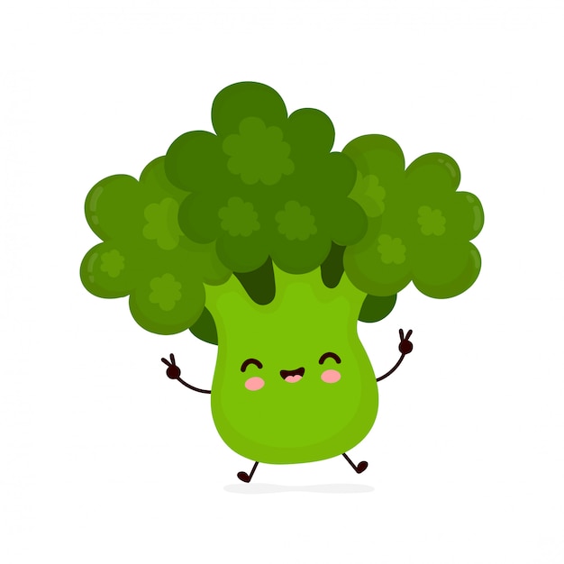 Cute happy smiling broccoli vegetable. Cartoon character.