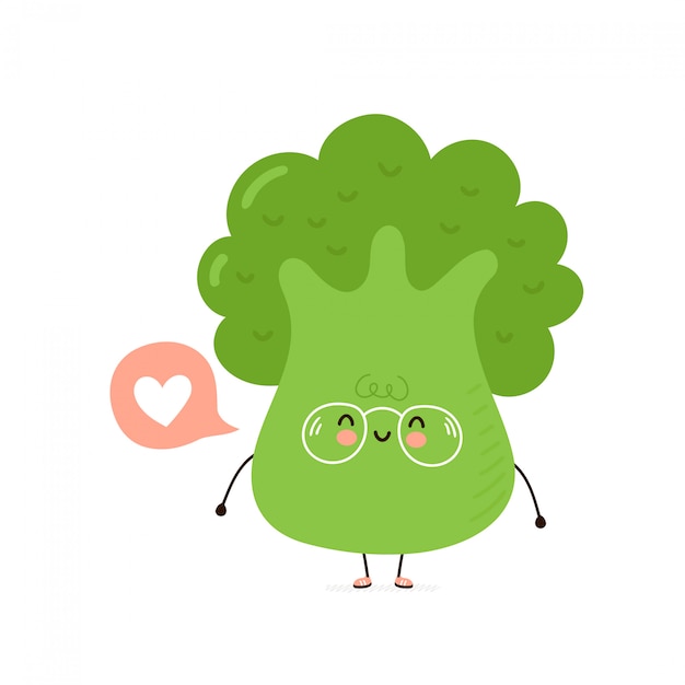 Cute happy smiling broccoli with heart in speech bubble . 