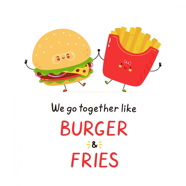 Милый счастливый улыбающийся гамбургер и картофель фри. Изолированные на белом. Дизайн иллюстрации персонажа из мультфильма вектора, простой плоский стиль. Мы идем вместе, как гамбургер и картофель фри
