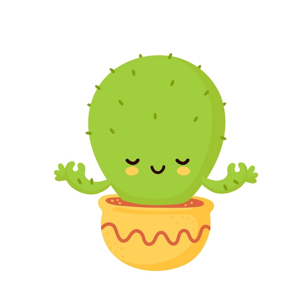 Cute happy smiling cactus meditate. flat cartoon illustration icon design. isolated on white background. cactus yoga concept