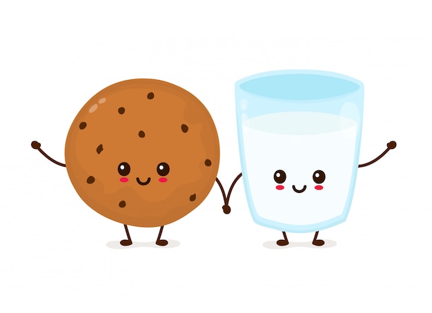 Cute happy smiling chocolate chip cookie and glass of milk.  flat cartoon iluustration icon . Isolated on white . Freshly baked choco cookie with milk 