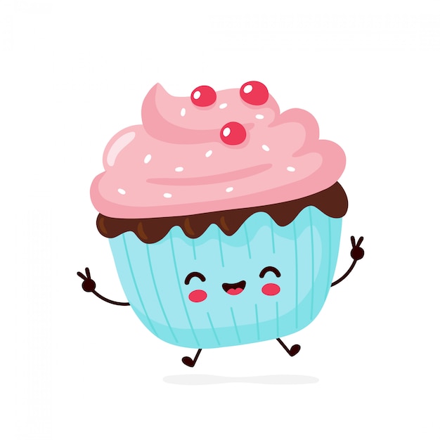 Vector cute happy smiling cupcake. cartoon character.