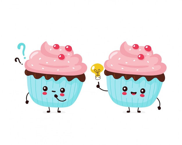 かわいい幸せな笑顔のカップケーキ フラット漫画キャライラストアイコンデザイン 白い背景で隔離 カップケーキ ケーキ デザートメニューのコンセプト プレミアムベクター