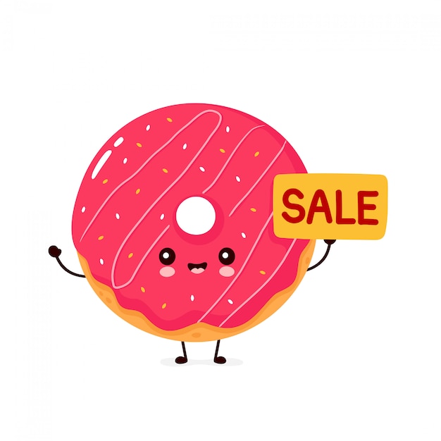 Cute happy smiling doughnut with sale sign. isolated on white background. donut,bakery menu concept