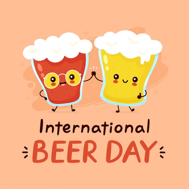 맥주 한 쌍의 귀여운 행복 웃는 유리. 플랫 만화 캐릭터 일러스트 아이콘 디자인입니다. 국제 맥주의 날 카드