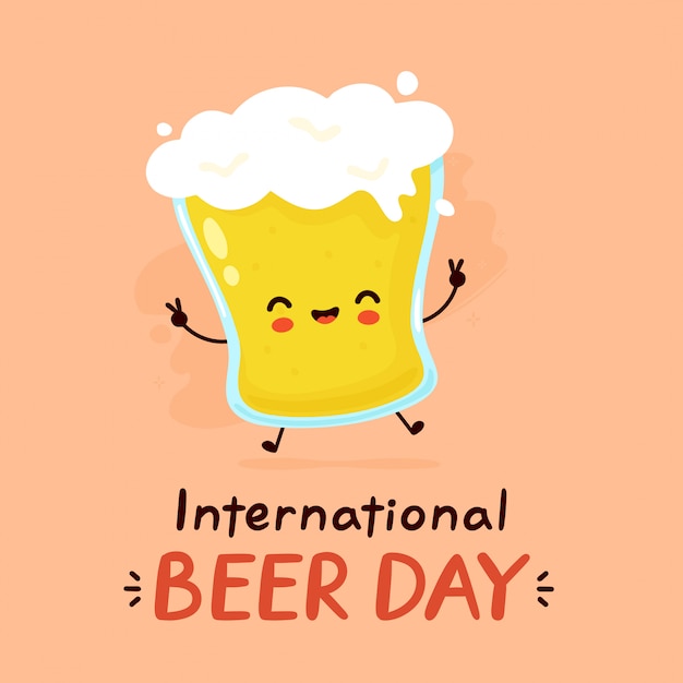 Cute happy smiling glass of beer. flat cartoon character illustration icon design. International beer day card