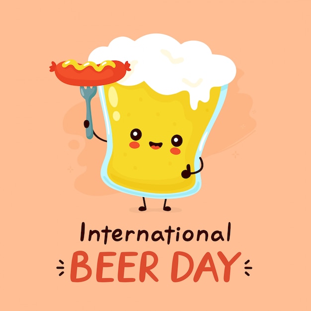 Cute happy smiling glass of beer with sausage. flat cartoon character illustration icon design. International beer day card