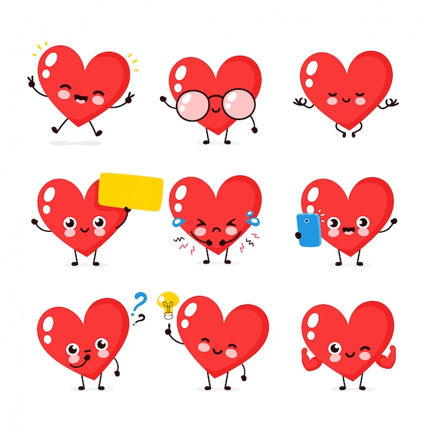 Cute happy smiling heart character set collection. heart character concept