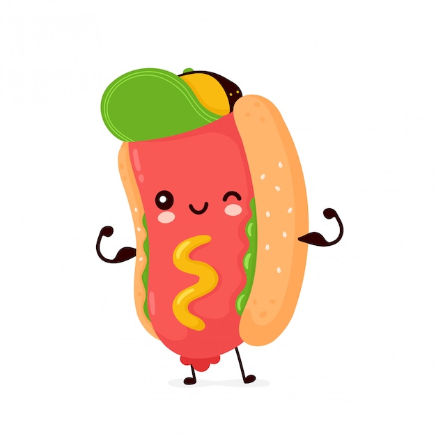 Cute happy smiling hot dog show muscle. Cartoon character.