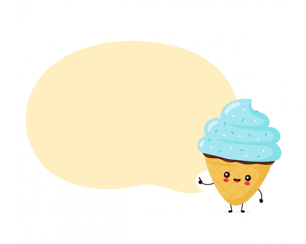 Cute happy smiling ice cream cone with speech bubble.