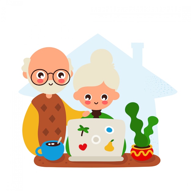 Мило счастливый улыбающийся старик и женщина за столом с ноутбуком и кошкой. рука рисунок плоский стиль иллюстрации значок дизайн.