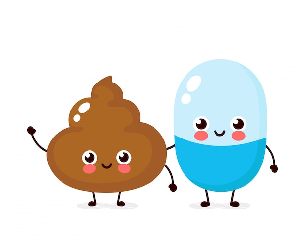 Cute happy smiling pill and poop character. flat cartoon illustration icon design. isolated on white background. pill and shit friends character concept