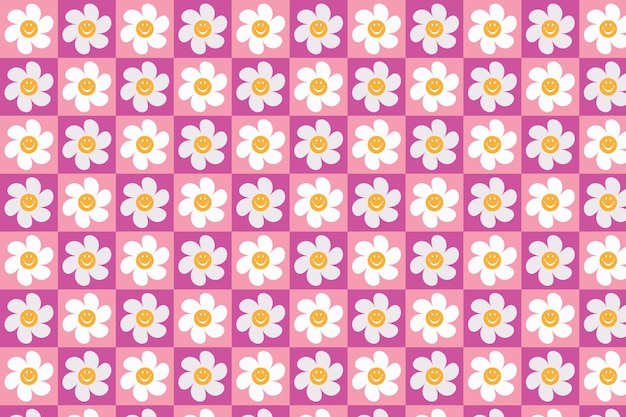 주황색과 흰색 바둑판에 귀여운 행복 미소 복고풍 꽃 원활한 패턴.