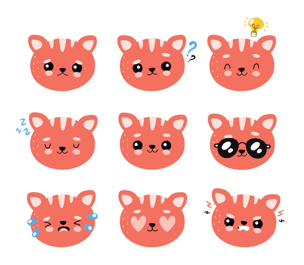 Vector cute happy smiling and sad cat character set collection.