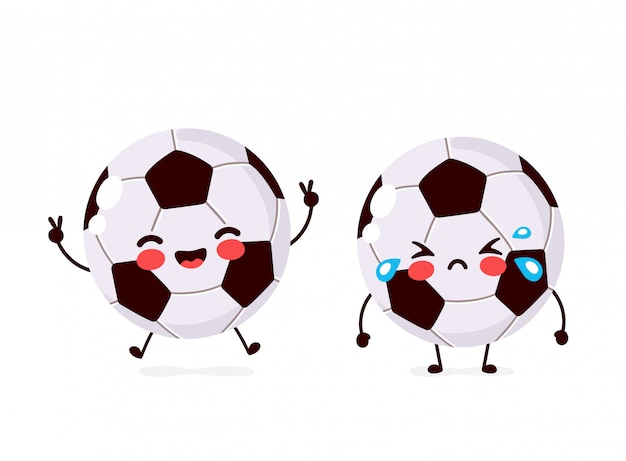 Simpatico personaggio sorridente felice e triste grido pallone da calcio. icona illustrazione piatto dei cartoni animati. isolato su bianco personaggio di palla di calcio