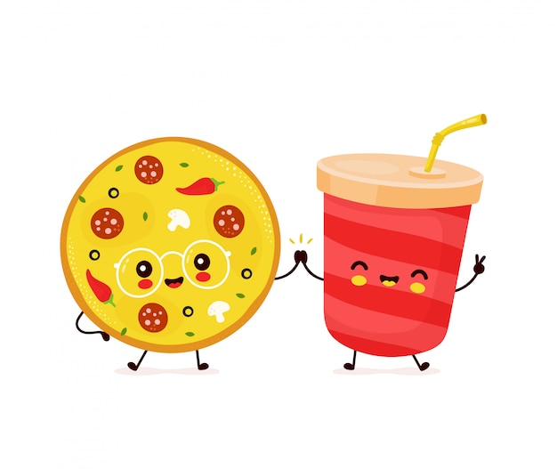 Tazza e pizza di soda sorridenti felici svegli.