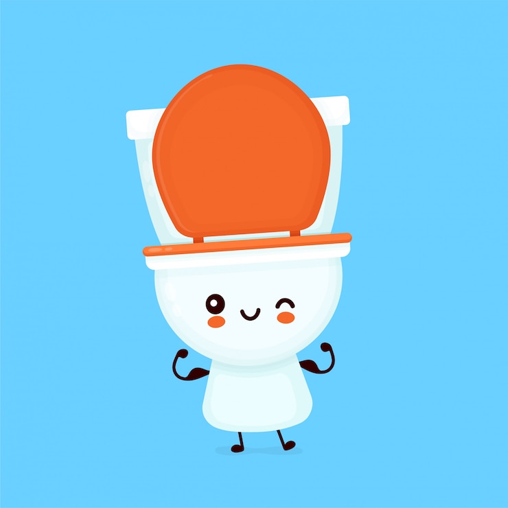 Vector cute happy smiling toilet bowl show muscle. cartoon character.