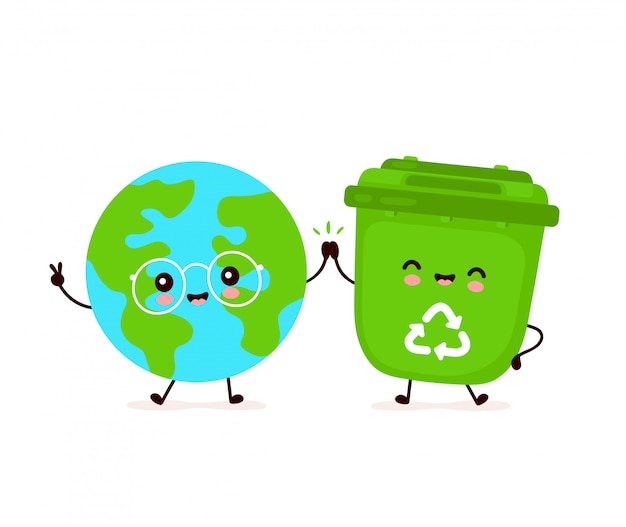 かわいい幸せな笑顔のゴミ箱と地球惑星。フラット漫画キャラクターイラストデザイン。白い背景で隔離。ゴミのリサイクル、分別されたゴミ、地球の概念を救う