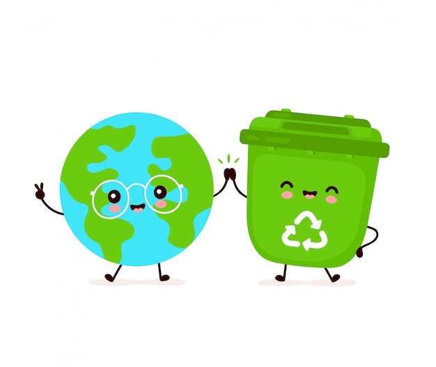 Cute happy smiling trash bin and earth planet. flat cartoon character illustration  design.isolated on white background. recycling trash, sorted garbage,save earth concept