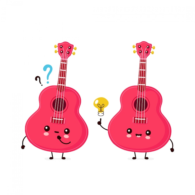 Chitarra sorridente felice sveglia delle ukulele con il punto interrogativo e la lampadina di idea. design piatto personaggio dei cartoni animati design.isolated su sfondo bianco. chitarra ukulele, concetto di musica mascotte