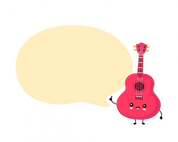 Chitarra sorridente felice sveglia delle ukulele con il fumetto. design piatto personaggio dei cartoni animati design.isolated su sfondo bianco. chitarra ukulele, concetto di musica mascotte