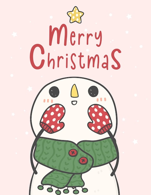 Vector cute happy snowman in green scarf shouting merry christmas doodle cartoon drawing vector