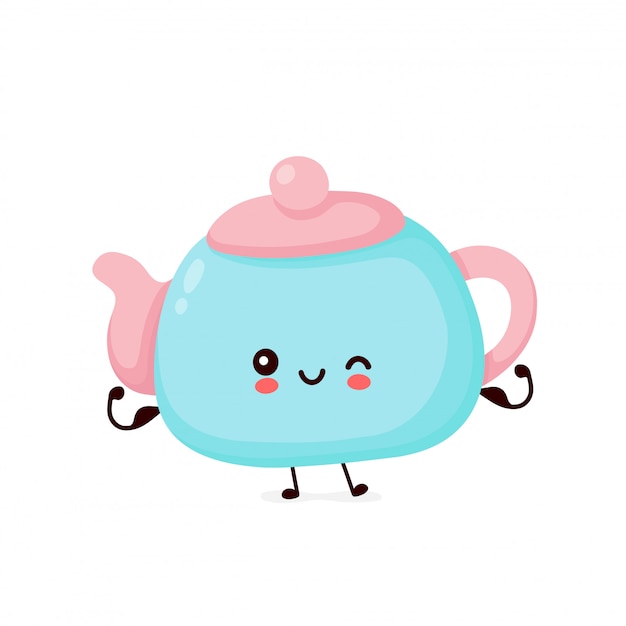 Cute happy strong smiling teapot show muscle. Cartoon character.