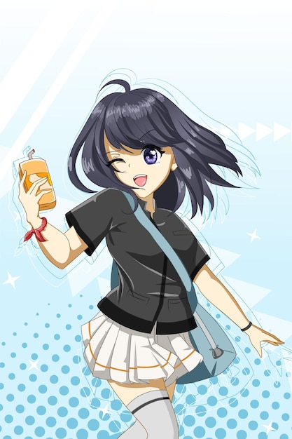 Cute and happy student girl with banana milk cartoon illustration