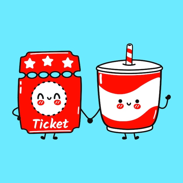 Cute happy ticket and cold drink friends concept