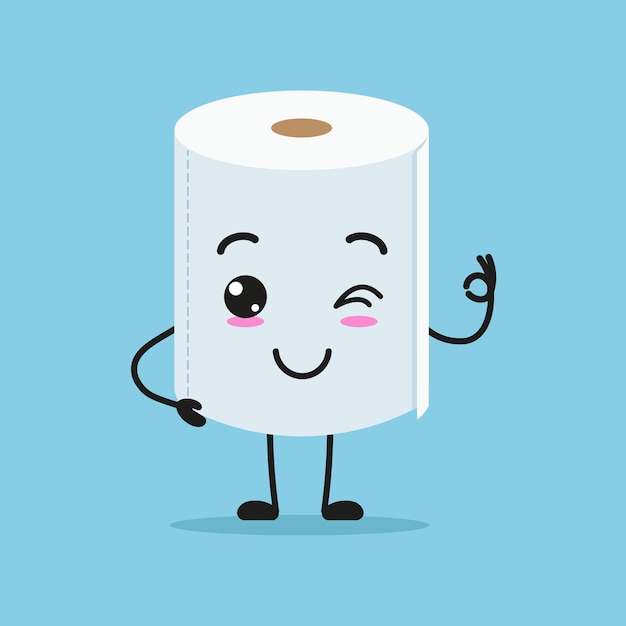 Cute happy toilet paper character Funny smiling and blink tissue cartoon emoticon in flat style