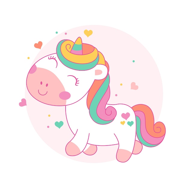 Stile kawaii sveglio del fumetto dell'unicorno felice