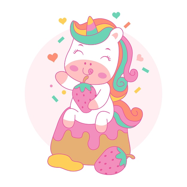 Cute happy unicorn cartoon with sweet cake kawaii style