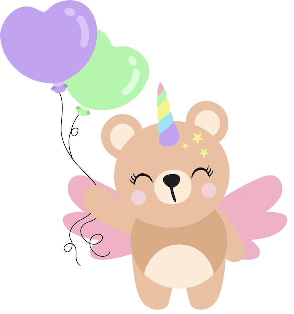 Cute happy unicorn teddy bear holding balloons