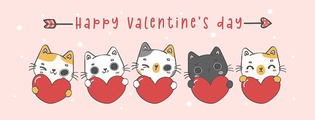 Cute Happy Valentine's day greeting card banner with group of kawaii kitten cats hug red heart