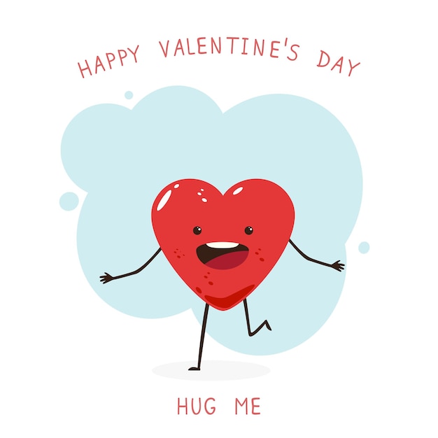 Vector cute happy valentines heart on blue background. lettering happy valentine's day and hug me. cartoon illustration can be used for holiday card, children's clothing design and banners