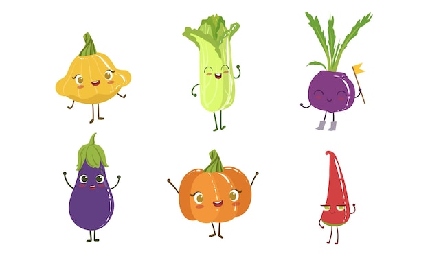 Vector cute happy vegetable characters set squash chinese cabbage beet eggplant onion hot pepper vector illustration