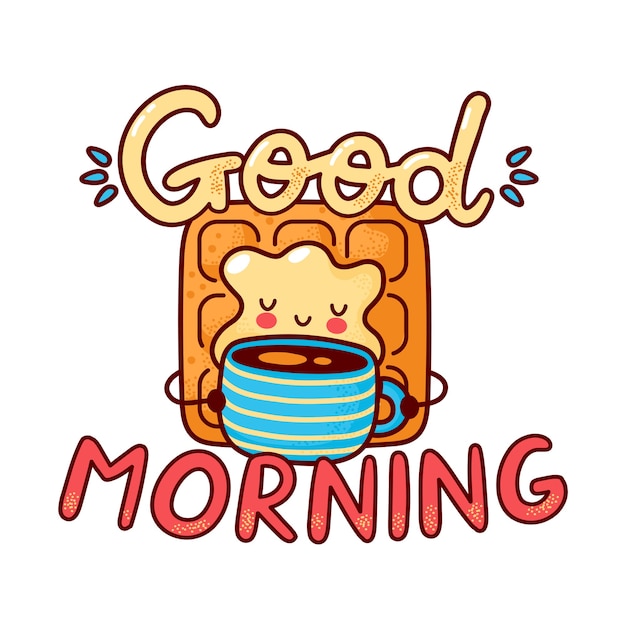 Милый счастливый вафельный напиток кофе. плоская линия мультяшного персонажа каваи. нарисованная рукой иллюстрация стиля. изолированные на белом фоне. доброе утро открытка, концепция вафли и кофе