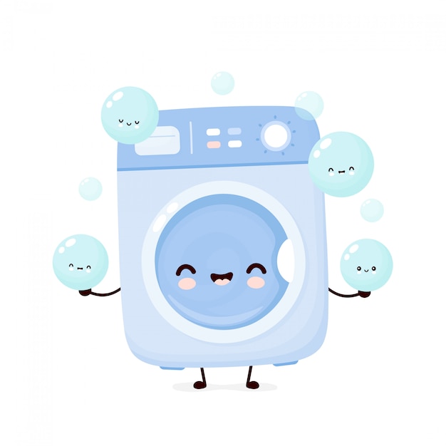 Cute happy washing machine juggle foam bubble.