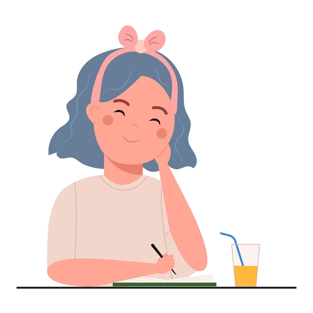 Vector cute happy young girl or student studying writing notes, kid doing homework or sitting on lesson