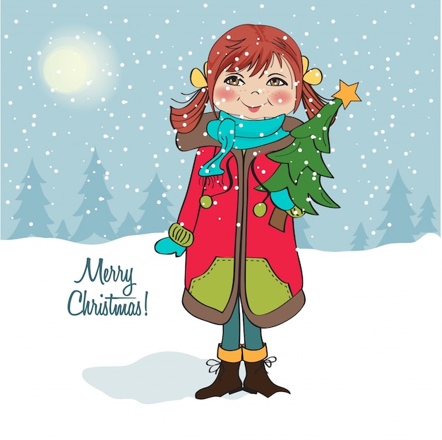 Vector cute and happy young girl with a christmas tree in his arms