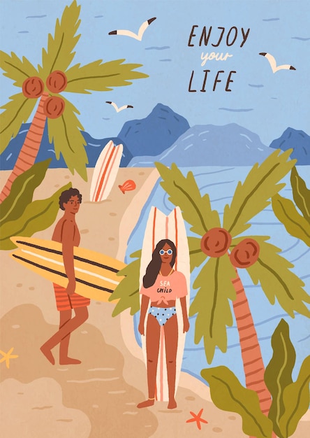 Vector cute happy young man and woman with surfboards on tropical sandy beach. pair of smiling surfers on sea or ocean coast. summer vacation at exotic resort. flat cartoon colorful vector illustration.