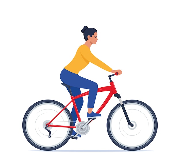 Cute happy young woman on bike Adorable female bicyclist Flat vector illustration