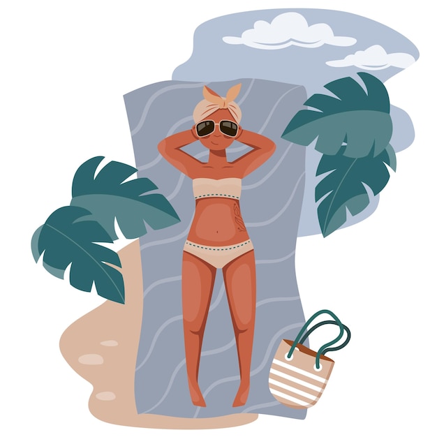 Cute happy young woman lies and sunbathing on a blanket vector summer illustration a girl in a swimsuit restin and relax