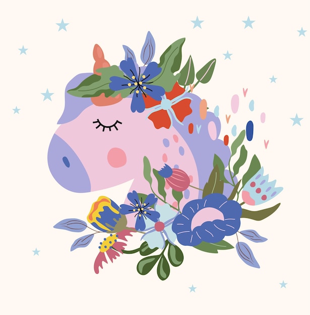 Cute Head portrait Unicorn with colorful flowers and leaves. Magical Unicorn flat style.