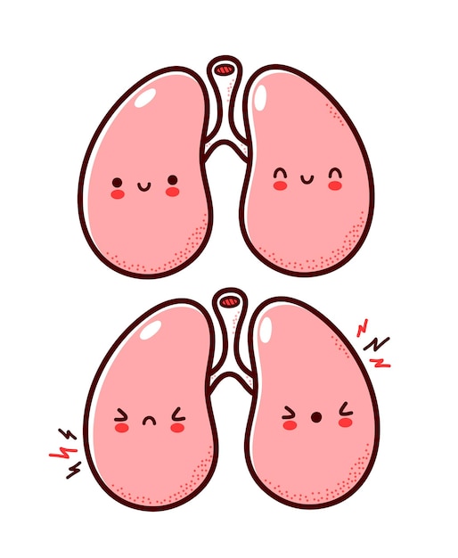 Cute healthy and sick sad funny human lungs organ character