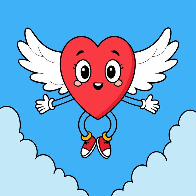 Cute heart angel love wings hand drawn sticker icon concept isolated illustration