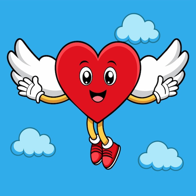 Cute heart angel love wings hand drawn sticker icon concept isolated illustration