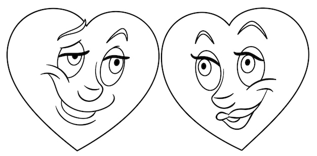 Cute heart emoji characters in love. Cartoon funny food emoji face. Kids coloring page.